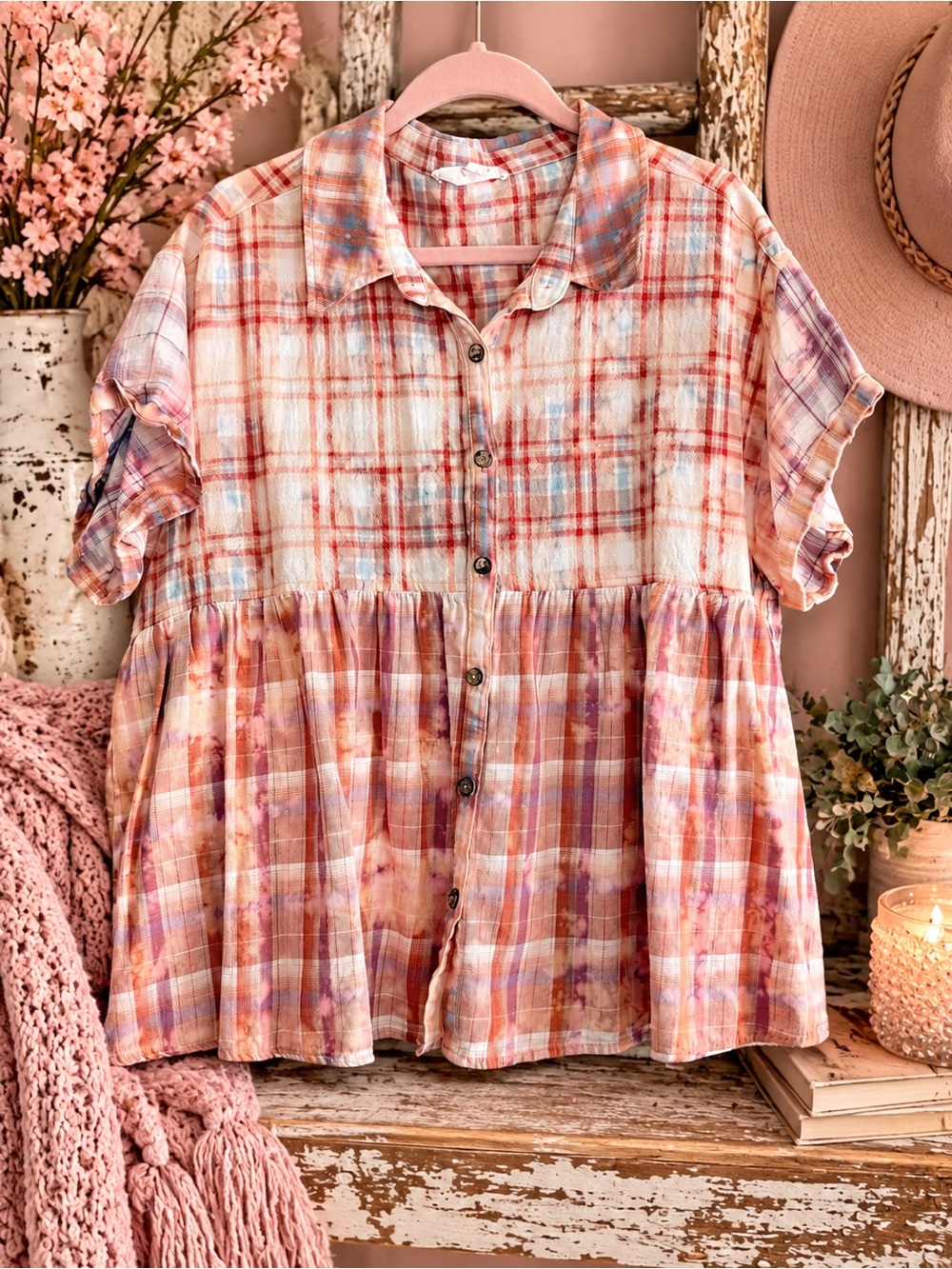 Women’s Short-Sleeve Button-Front Plaid Peplum Top - Pink Multi